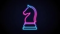 Neon chess knight piece glowing in vibrant blue and pink colors against dark background for strategic business concepts and gaming designs.