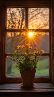 Yellow daisies in terracotta pot on wooden windowsill at sunset, sun rays streaming through window panes creating magical bokeh effect in warm golden light.