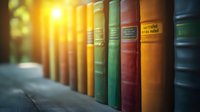 Row of vintage hardcover books on wooden shelf with warm sunlight creating atmospheric glow, selective focus on multicolored spines showing classic literature collection.