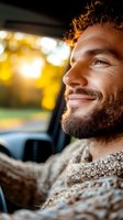 Young man with curly hair and beard smiling while driving car at sunset, wearing cozy sweater. Warm golden sunlight creates dreamy atmosphere through window.