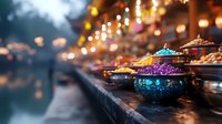 Colorful spices and herbs displayed in ornate metal bowls at bustling outdoor market with warm bokeh lights creating atmospheric shopping scene.