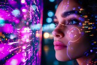 Young woman profile with glowing digital elements and pink neon lights, representing artificial intelligence and future technology concept in cyberpunk style.