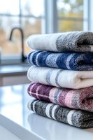 Stack of folded soft cotton towels in various colors and patterns by bright window, perfect for bathroom decor and home essentials.