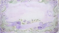 Lavender ribbon banner with ornamental floral corners and swirling botanical elements on soft watercolor background. Isolated design element for invitations, greeting cards, and decorative projects.