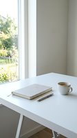 Minimalist workspace with white desk, open notebook, pen, and coffee mug by bright window overlooking garden. Ideal for business, productivity, and lifestyle design projects.