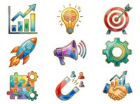 Growth chart with upward arrow, lightbulb symbolizing innovation, target with arrow, rocket ship, megaphone, gear wheel, puzzle with gears, magnet attracting people, and handshake with ascending graph. Isolated icons for business, marketing, and startup design projects.
