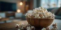 Wooden bowl filled with fresh white popcorn on kitchen counter with warm lighting. Snack food for movie night, entertainment and casual dining.