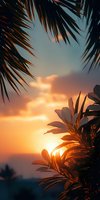 Tropical palm fronds silhouetted against a golden sunset sky with warm orange and amber clouds, ideal for travel and nature backgrounds.