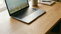 Laptop computer displaying nature wallpaper on wooden desk with coffee mug and notebook, workspace setup for remote work and productivity.