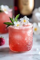 Pink tropical cocktail in crystal mason jar garnished with plumeria flowers, salt rim, and fresh green leaves on marble surface. Perfect for summer drink menu.