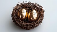 Golden eggs nestled in brown twig nest on white background, glowing with warm light from within, symbolizing wealth, investment and financial growth concept.