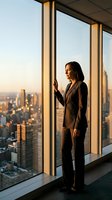 Professional businesswoman in suit looking out office window at city skyline during golden hour sunset for corporate success and leadership concepts.