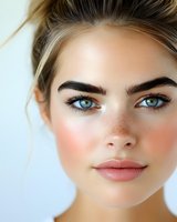Close up portrait of young Caucasian woman with natural makeup, freckles, blue eyes and defined eyebrows against light background, showcasing fresh glowing skin.