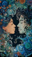 Mystical romantic illustration with two faces in profile surrounded by swirling ornate patterns, flowers and decorative elements in deep blue and turquoise tones with coral accents.