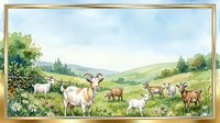 Herd of goats grazing in rolling green pasture with mountains in background, pastoral landscape suitable for farm, agriculture, and rural design projects.