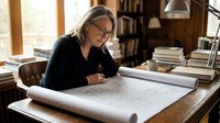 Middle-aged Caucasian woman architect with glasses reviewing blueprints at wooden desk in home office surrounded by books and natural light from windows.