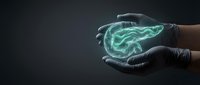 Gloved hands protecting glowing brain hologram representing neurology, mental health care, medical technology and cognitive science research.