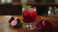 Fresh beetroot juice in glass with mint garnish on wooden table, healthy organic vegetable drink for detox and wellness lifestyle.