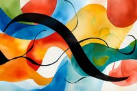 Abstract colorful waves and curved black line on multicolored background with fluid organic shapes in orange, blue, green, and red creating dynamic movement.