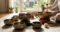 Sound healing practitioner arranging brass singing bowls on carpet near window with natural light streaming in for meditation session.