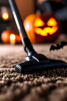 Vacuum cleaner on carpet with glowing jack o lantern pumpkin and decorative bat in background creating spooky Halloween atmosphere for seasonal cleaning concept.