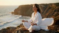 Young woman meditating in lotus pose on coastal cliff at sunset, practicing mindfulness and yoga outdoors with ocean waves and golden hour lighting.