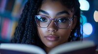 Young African American woman with glasses and braids reading book in dim lighting with blue bokeh background, close up portrait showing focused expression.