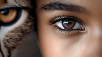 Young woman with striking amber eyes gazing intensely alongside majestic owl, showcasing natural beauty and wildlife connection in artistic portrait composition.
