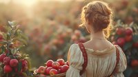 Young woman with braided hair in vintage dress harvesting ripe red apples in orchard at golden sunset hour.
