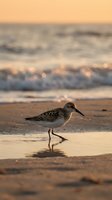 Sandpiper bird walking on wet beach sand during golden hour sunset with ocean waves and warm light reflections creating peaceful coastal scene.