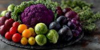 Colorful fresh vegetables arranged in rainbow pattern on dark slate plate, showcasing purple cauliflower, kale, brussels sprouts, tomatoes, and berries with water droplets.