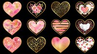 Decorative heart shapes with floral, geometric, and gradient patterns in pink, gold, and coral tones, isolated on transparent background. Ready for t-shirt designs, stickers, clipart, sublimation, and print-on-demand projects.