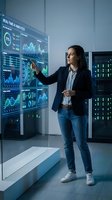 Professional businesswoman analyzing data on interactive digital dashboard in modern tech office environment for business intelligence presentations.