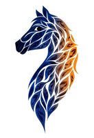 Stylized horse head profile with abstract leaf pattern in navy blue and orange gradient on white background, isolated design element for creative projects.