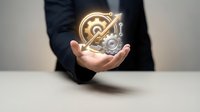 Business professional holding glowing golden gear mechanisms symbolizing innovation, technology solutions, and industrial automation concepts.
