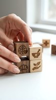 Hand arranging wooden blocks with healthcare symbols including brain, mortar pestle, lotus flower and leaves representing holistic wellness concepts.