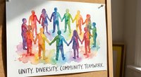 Watercolor illustration of diverse people holding hands in circle representing unity, diversity, community and teamwork for social projects and inclusion campaigns.