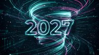 Glowing neon 2027 numerals surrounded by swirling cyan and magenta energy waves on dark background, representing future technology and innovation for new year concepts.