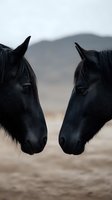 Two black horses face each other on a sandy beach with misty mountains in the background, capturing a moment of connection and companionship in nature.