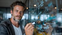Middle-aged Caucasian businessman touching futuristic holographic interface with digital data visualization in modern office environment.