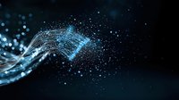 Glowing musical notes flowing through space with sparkling particles and light trails on dark background, digital art visualization for music and sound concepts.