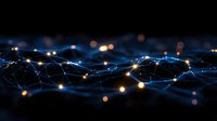 Abstract network visualization with glowing nodes and connecting lines against dark background, creating futuristic technology concept with bokeh light effects.