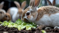 Adorable brown and white rabbit eating fresh green lettuce leaves in garden setting with blurred rabbits in background for pet care and agriculture concepts.