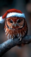 Brown owl wearing red Santa hat perched on branch against dark background, close-up portrait showing detailed feathers and intense gaze. Festive holiday nature photo.