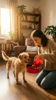 Young woman feeding golden retriever dog from red bowl in cozy living room with warm sunlight streaming through window and bookshelves in background.