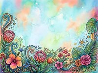 Colorful watercolor floral border with tropical flowers, leaves, and swirls on a soft pastel background, perfect for cards and invitations.