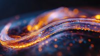 Abstract glowing wave with orange and blue light particles, magical sparkles and bokeh effect on dark background creating luminous flowing motion.