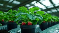 Fresh strawberry plant with ripe red berries growing in black pot at hydroponic greenhouse farm. Green leaves and selective focus create depth for agriculture concept.