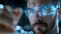 Bearded Caucasian man wearing futuristic augmented reality glasses with holographic interface display and digital data visualization in dark environment.