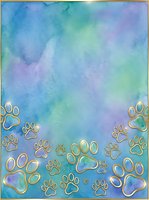 Watercolor gradient background with gold and iridescent paw prints along bottom border, isolated on white. Suitable for pet-related designs, greeting cards, and animal-themed projects.